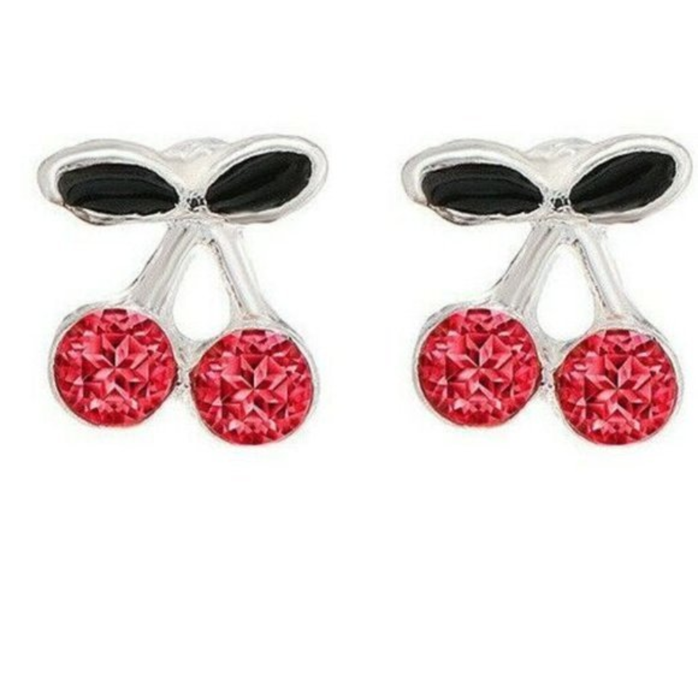 New Cherry Gem Rhinestone‎ Silver Tone Earrings
